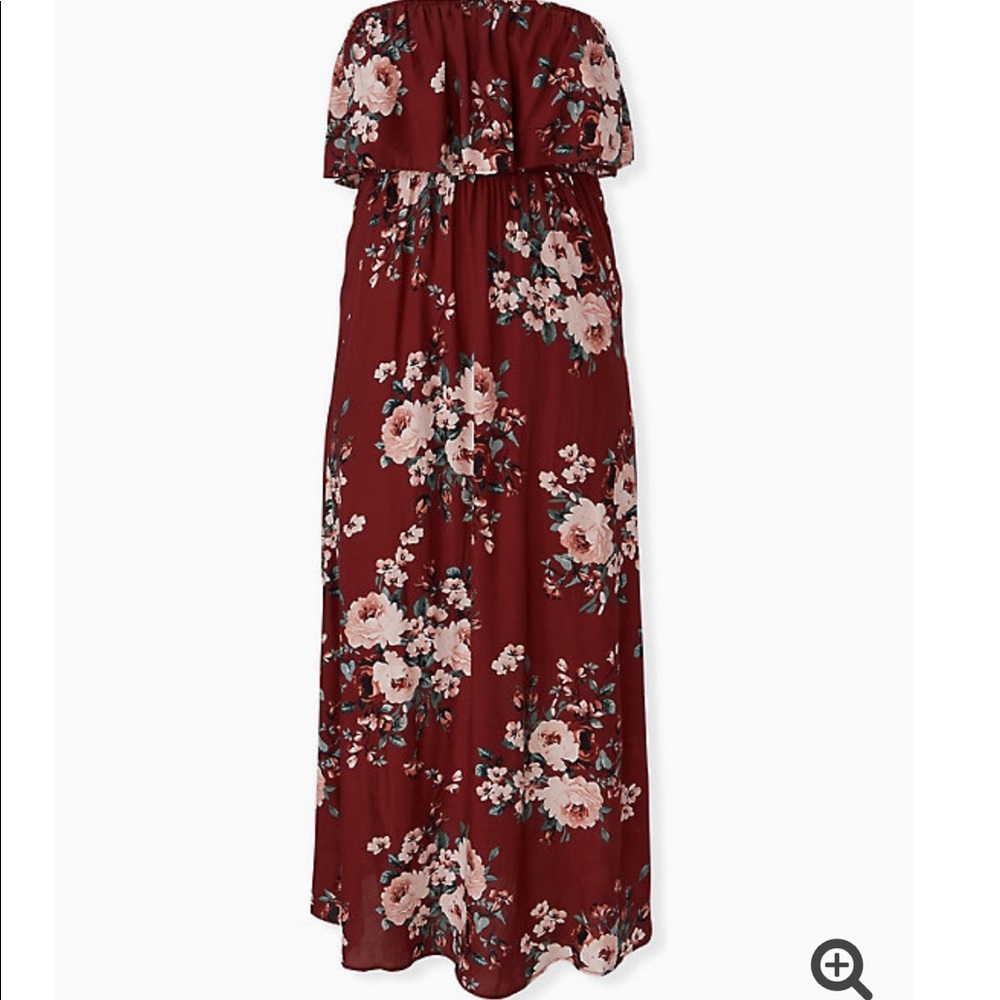 Brick Red Floral Challis Strapless Maxi Dress